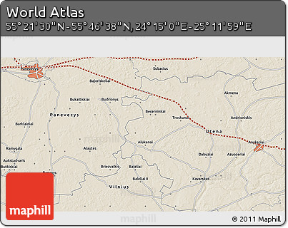 Shaded Relief 3D Map of the Area around 55° 34' 4" N, 24° 43' 30" E