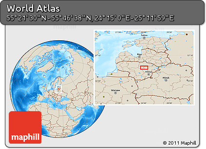 Shaded Relief Location Map of the Area around 55° 34' 4" N, 24° 43' 30" E
