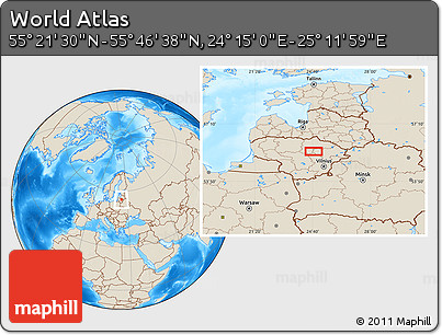 Shaded Relief Location Map of the Area around 55° 34' 4" N, 24° 43' 30" E