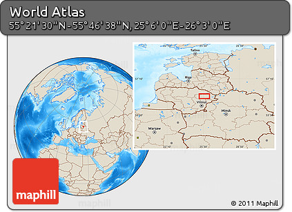 Shaded Relief Location Map of the Area around 55° 34' 4" N, 25° 34' 30" E