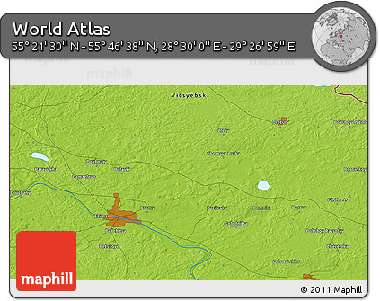 Physical 3D Map of the Area around 55° 34' 4" N, 28° 58' 30" E