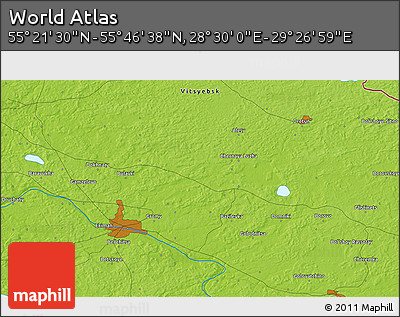 Physical 3D Map of the Area around 55° 34' 4" N, 28° 58' 30" E