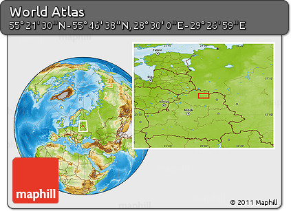 Physical Location Map of the Area around 55° 34' 4" N, 28° 58' 30" E