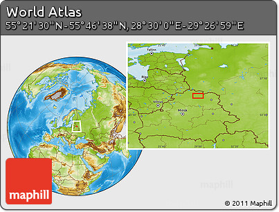 Physical Location Map of the Area around 55° 34' 4" N, 28° 58' 30" E