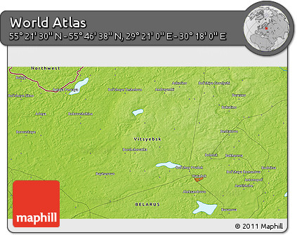 Physical 3D Map of the Area around 55° 34' 4" N, 29° 49' 30" E