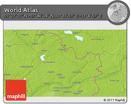Physical 3D Map of the Area around 55° 34' 4" N, 30° 40' 29" E