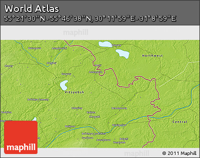 Physical 3D Map of the Area around 55° 34' 4" N, 30° 40' 29" E