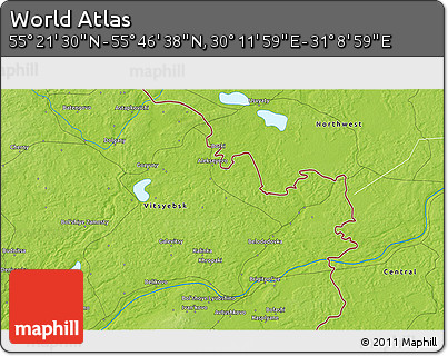 Physical 3D Map of the Area around 55° 34' 4" N, 30° 40' 29" E