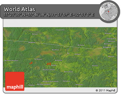 Satellite 3D Map of the Area around 55° 34' 4" N, 32° 22' 30" E