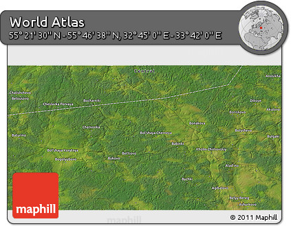 Satellite 3D Map of the Area around 55° 34' 4" N, 33° 13' 30" E