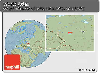 Savanna Style Location Map of the Area around 55° 34' 4" N, 34° 4' 30" E, hill shading