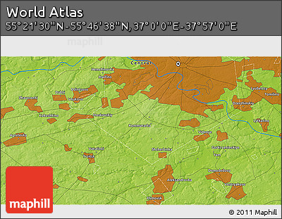 Physical 3D Map of the Area around 55° 34' 4" N, 37° 28' 30" E