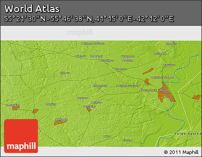 Physical 3D Map of the Area around 55° 34' 4" N, 41° 43' 30" E