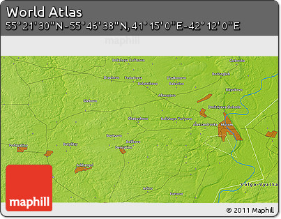 Physical 3D Map of the Area around 55° 34' 4" N, 41° 43' 30" E