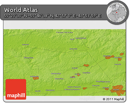 Physical 3D Map of the Area around 55° 34' 4" N, 43° 25' 29" E