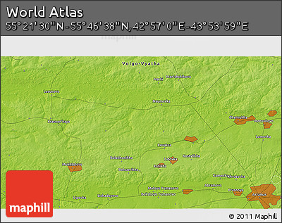 Physical 3D Map of the Area around 55° 34' 4" N, 43° 25' 29" E