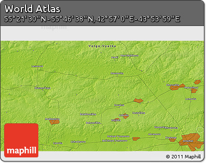 Physical 3D Map of the Area around 55° 34' 4" N, 43° 25' 29" E