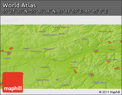 Physical 3D Map of the Area around 55° 34' 4" N, 44° 16' 29" E