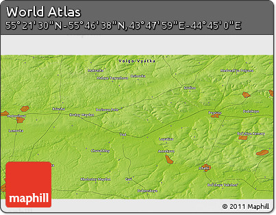 Physical 3D Map of the Area around 55° 34' 4" N, 44° 16' 29" E