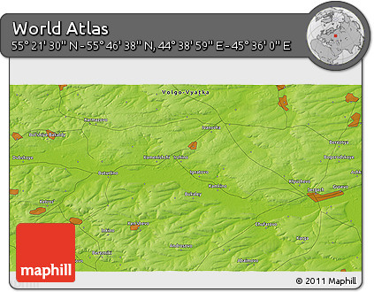 Physical 3D Map of the Area around 55° 34' 4" N, 45° 7' 30" E