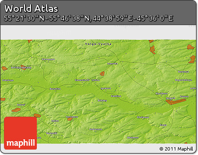 Physical 3D Map of the Area around 55° 34' 4" N, 45° 7' 30" E