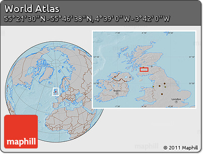 Gray Location Map of the Area around 55° 34' 4" N, 4° 10' 30" W, hill shading