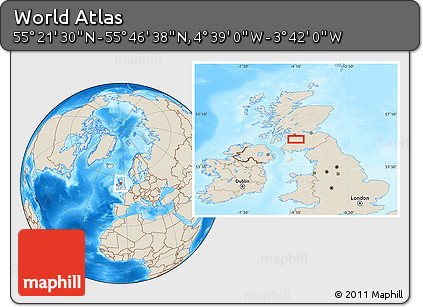 Shaded Relief Location Map of the Area around 55° 34' 4" N, 4° 10' 30" W