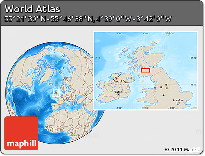 Shaded Relief Location Map of the Area around 55° 34' 4" N, 4° 10' 30" W
