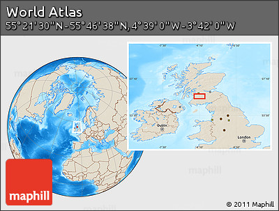 Shaded Relief Location Map of the Area around 55° 34' 4" N, 4° 10' 30" W