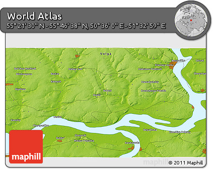 Physical 3D Map of the Area around 55° 34' 4" N, 51° 4' 30" E
