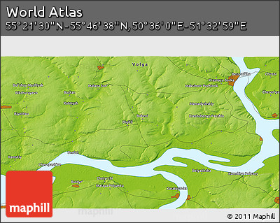 Physical 3D Map of the Area around 55° 34' 4" N, 51° 4' 30" E