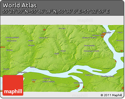 Physical 3D Map of the Area around 55° 34' 4" N, 51° 4' 30" E