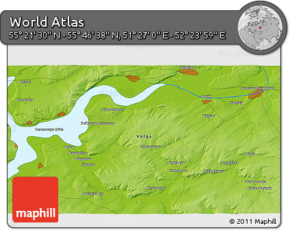 Physical 3D Map of the Area around 55° 34' 4" N, 51° 55' 29" E