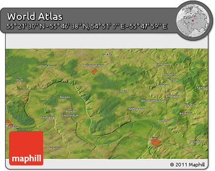 Satellite 3D Map of the Area around 55° 34' 4" N, 55° 19' 30" E