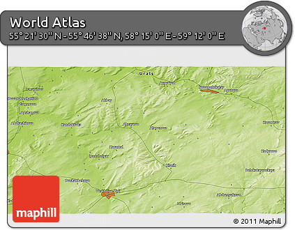 Physical 3D Map of the Area around 55° 34' 4" N, 58° 43' 30" E