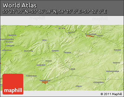 Physical 3D Map of the Area around 55° 34' 4" N, 58° 43' 30" E