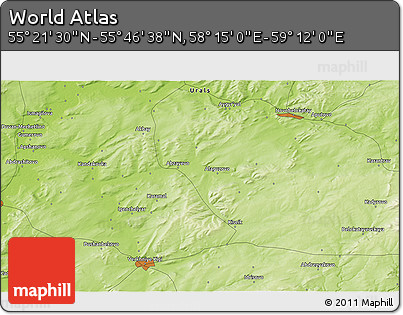 Physical 3D Map of the Area around 55° 34' 4" N, 58° 43' 30" E