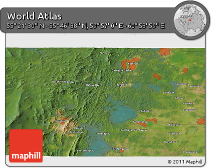 Satellite 3D Map of the Area around 55° 34' 4" N, 60° 25' 29" E