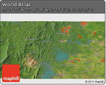 Satellite 3D Map of the Area around 55° 34' 4" N, 60° 25' 29" E