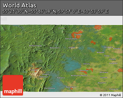 Satellite 3D Map of the Area around 55° 34' 4" N, 60° 25' 29" E