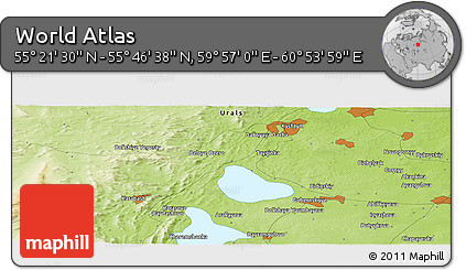 Physical Panoramic Map of the Area around 55° 34' 4" N, 60° 25' 29" E