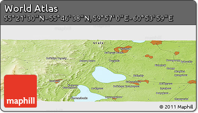 Physical Panoramic Map of the Area around 55° 34' 4" N, 60° 25' 29" E
