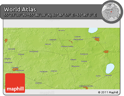 Physical 3D Map of the Area around 55° 34' 4" N, 61° 16' 29" E