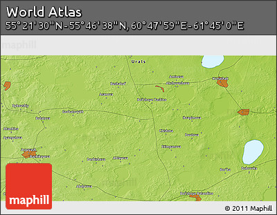 Physical 3D Map of the Area around 55° 34' 4" N, 61° 16' 29" E
