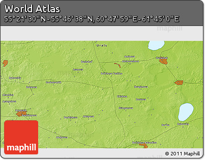 Physical 3D Map of the Area around 55° 34' 4" N, 61° 16' 29" E
