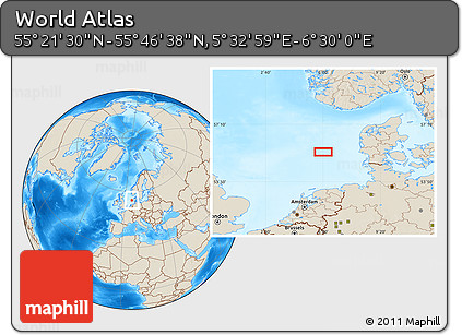 Shaded Relief Location Map of the Area around 55° 34' 4" N, 6° 1' 30" E