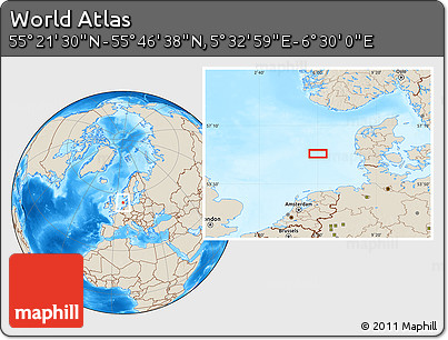 Shaded Relief Location Map of the Area around 55° 34' 4" N, 6° 1' 30" E