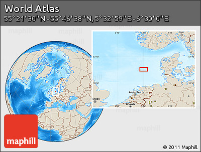 Shaded Relief Location Map of the Area around 55° 34' 4" N, 6° 1' 30" E