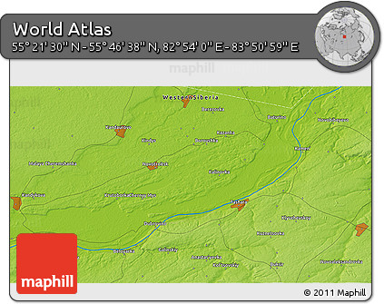 Physical 3D Map of the Area around 55° 34' 4" N, 83° 22' 30" E