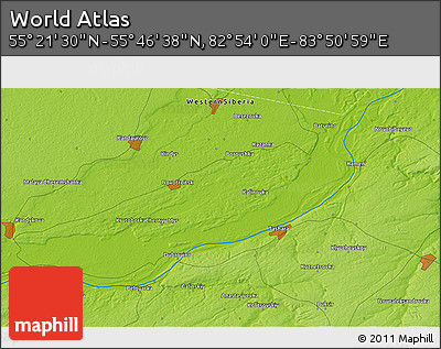 Physical 3D Map of the Area around 55° 34' 4" N, 83° 22' 30" E